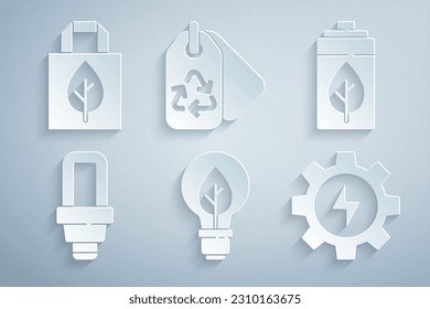 Set Light bulb with leaf, Eco nature and battery, LED light, Gear lightning, Tag recycle and Shopping bag icon. Vector
