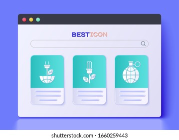 Set Light bulb with leaf, Electric saving plug in leaf and Planet earth and a recycling icon. Vector