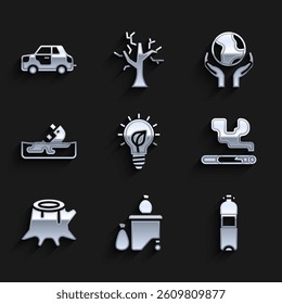 Set Light bulb with leaf, Full dustbin, Bottle of water, Cigarette, Tree stump, Wrecked oil tanker ship, Hands holding Earth globe and Car icon. Vector