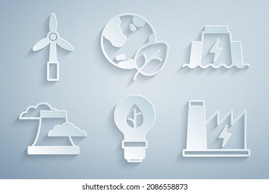 Set Light bulb with leaf, Hydroelectric dam, Nuclear power plant, Earth globe and and Wind turbine icon. Vector