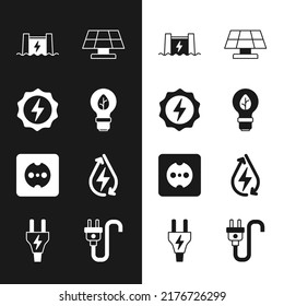 Set Light bulb with leaf, Lightning bolt, Hydroelectric dam, Solar energy panel, Electrical outlet, Water, plug and  icon. Vector
