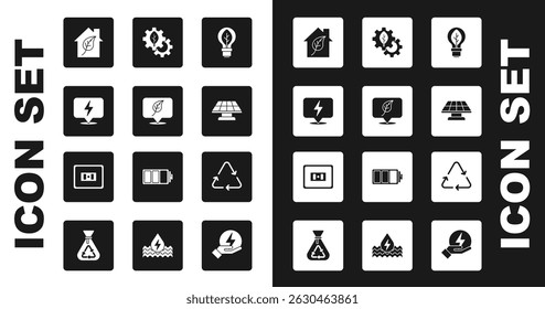 Set Light bulb with leaf, Location, Lightning bolt, Eco friendly house, Solar energy panel, Leaf plant gear machine, Recycle symbol and Electrical outlet icon. Vector