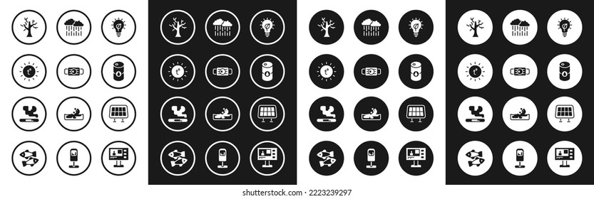 Set Light bulb with leaf, Medical protective mask, Sun, Withered tree, Barrel oil, Cloud rain, Solar energy panel and Cigarette icon. Vector
