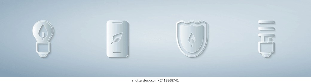 Set Light bulb with leaf, Mobile phone, Shield and LED light. Paper art style. Vector