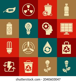 Set Light bulb with leaf, Paper shopping bag recycle, Solar energy panel, Recycle bin symbol, Recycling plastic bottle, Leaf Bio and Human head gear inside icon. Vector