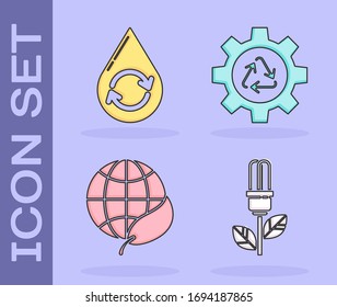 Set Light bulb with leaf, Recycle clean aqua, Earth globe and leaf and Recycle symbol and gear icon. Vector