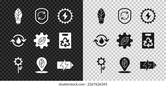 Set Light bulb with leaf, Recycle symbol inside shield, Solar energy panel, Leaf plant gear machine, Location, Battery, clean aqua and  icon. Vector
