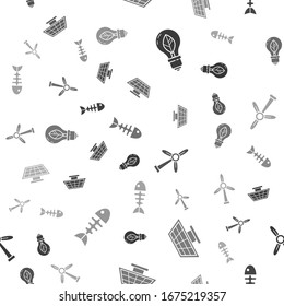 Set Light bulb with leaf, Solar energy panel, Wind turbine and Fish skeleton on seamless pattern. Vector