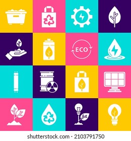 Set Light bulb with leaf, Solar energy panel, Water, Gear and lightning, Eco nature battery, Plant hand, Trash can and Label for eco healthy food icon. Vector