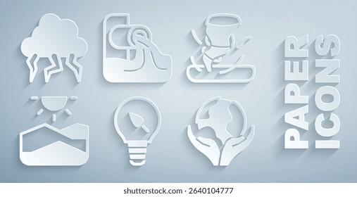 Set Light bulb with leaf, Tornado, Drought, Hand holding Earth globe, Wastewater and Storm icon. Vector
