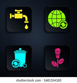 Set Light bulb with leaf, Water tap, Recycle bin with recycle symbol and Planet earth and a recycling. Black square button. Vector