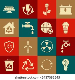 Set Light bulb with leaf, Water tap, LED light, Eco House recycling symbol, Solar energy panel and Planet earth and icon. Vector