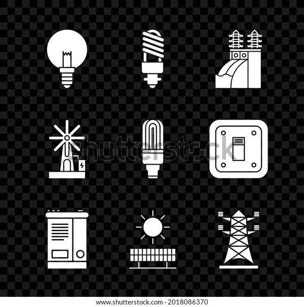 Set Light bulb, LED light, Nuclear power\
plant, Car battery, Solar energy panel and sun, High voltage pole\
line, Wind turbine and  icon.\
Vector
