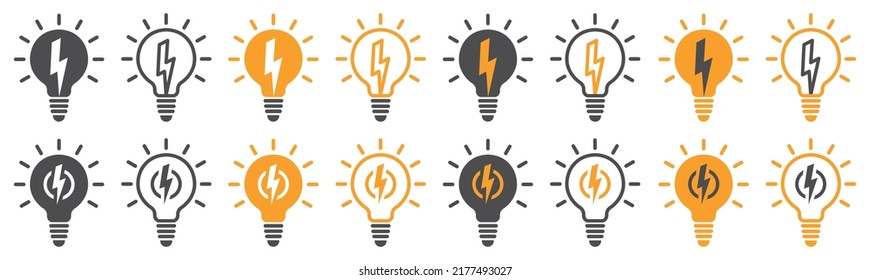 Set of light bulb and lightning bolt icons. Lamp with lightning, lightbulb with flash. Power idea, lighting bolt bulb. Vector.