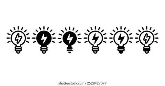 set of light bulb lightning icon symbol vector design black white color outline black fill illustration colletion set
