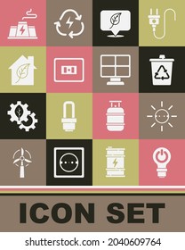 Set Light bulb with lightning, Solar energy panel, Recycle bin recycle, Location leaf, Electrical outlet, Eco friendly house, Power station plant factory and  icon. Vector