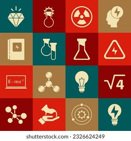 Set Light bulb with lightning, Square root of 4 glyph, High voltage, Radioactive, Test tube and flask, Electrical panel, Diamond and  icon. Vector