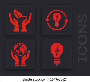 Set Light bulb with lightning symbol, Sprout in hand of environmental protection, Recycle and light bulb with lightning symbol and Human hands holding Earth globe icon. Vector