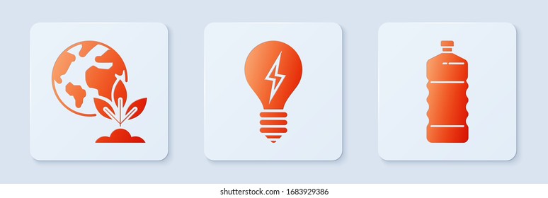 Set Light bulb with lightning symbol, Earth globe and plant and Plastic bottle. White square button. Vector