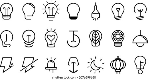 Ajuste el icono de la línea de la bombilla. Colección de símbolos de estilo lineal, paquete de signos de contorno. Gráficos vectoriales.