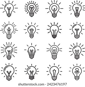 Set of light Bulb line icon vector, isolated on white background. Idea sign, solution, thinking concept. Lighting Electric lamp. Electricity, shine. Trendy Flat style for graphic design