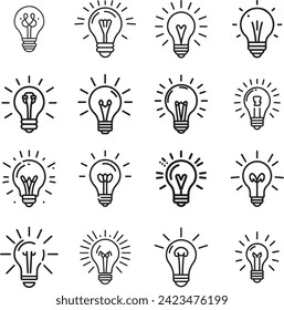 Set of light Bulb line icon vector, isolated on white background. Idea sign, solution, thinking concept. Lighting Electric lamp. Electricity, shine. Trendy Flat style for graphic design