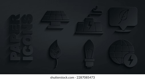 Die Glühbirne setzen, Standort mit Blatt, Blätter oder Blätter, Global Energy Power Planet, Kraftwerksfabrik und Solar Panel Symbol. Vektorgrafik