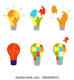 Ponga la bombilla de luz hecha de piezas de rompecabezas. Idea, negocios, solución, trabajo, comprensión, concepto de lluvia de ideas. Ilustración de dibujos animados.