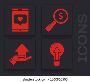 Set Light bulb, Mobile phone and like with heart, Magnifying glass and dollar and Money on hand icon. Vector