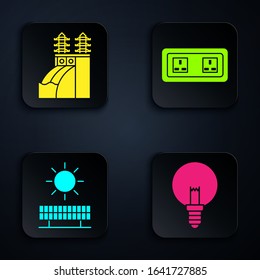 Set Light bulb, Nuclear power plant, Solar energy panel and sun and Electrical outlet. Black square button. Vector