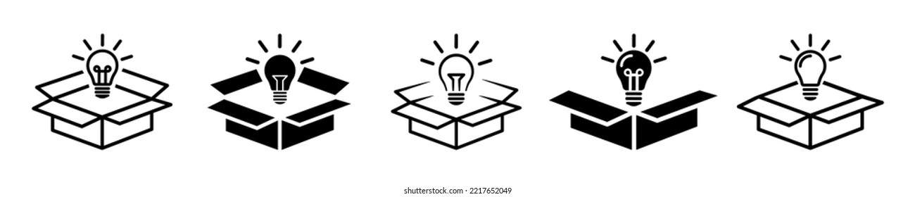 Conjunto de bombillas con iconos vectoriales de caja abierta. Idea creativa. Solución de innovación. Nuevo invento. 