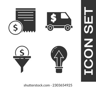 Ajuste bombilla, comprobación de papel y comprobación financiera, gestión de plomo e icono de camión blindado. Vector