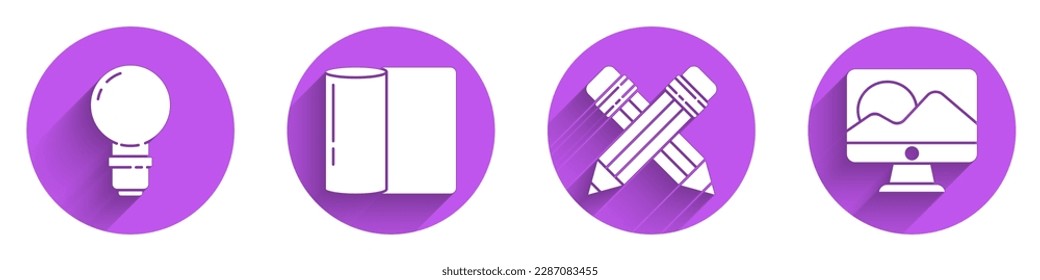 Set Light bulb, Paper towel roll, Crossed pencil with eraser and Computer monitor screen icon with long shadow. Vector
