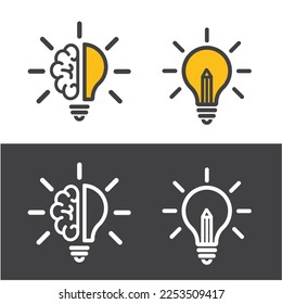 Set of light bulb and part of a human brain - symbol of creativity, creative idea, mind, thinking.