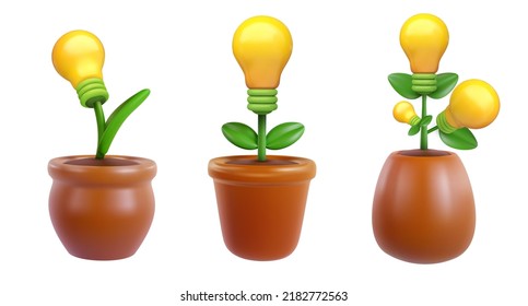 Set light bulb in pot isolated on white background. Green ecology alternative energy concept design. Creative abstract composition in 3d realistic minimal style. Cartoon modern vector illustration.