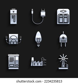 Set Light bulb, Power station plant and factory, Wind turbine, Electric plug, Car battery, Ampere meter, multimeter, voltmeter, Battery pack and  icon. Vector