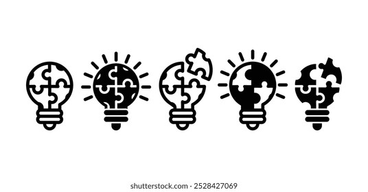 set of light bulb puzzle icon symbol vector design black white color simple outline black fill illustration collection