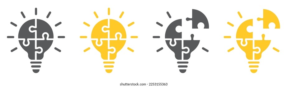 Set of light bulb puzzle icons. Lamp symbol with jigsaw inside. Business concept, idea, strategy. Four puzzle pieces with light bulbs. Vector illustration.