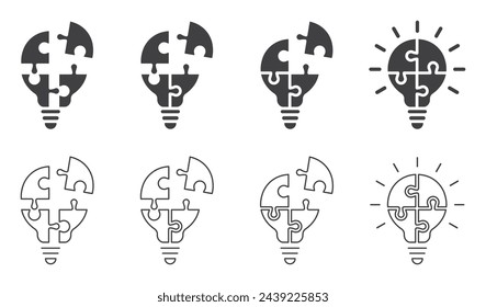 Conjunto de iconos de rompecabezas de bombilla. Símbolo de lámpara con rompecabezas en el interior. Concepto de negocio, idea, estrategia. Cuatro piezas de rompecabezas con bombillas. Ilustración vectorial.