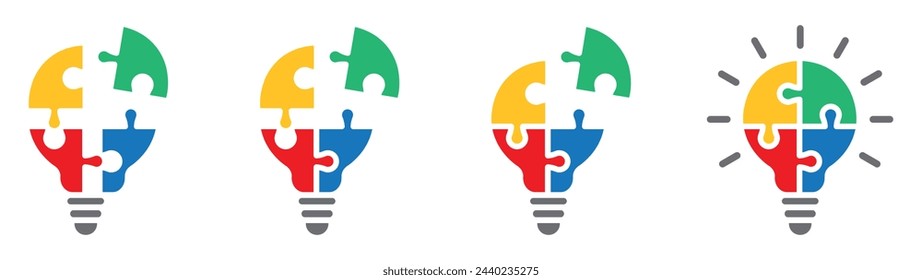 Conjunto de iconos de rompecabezas de bombilla. Símbolo de lámpara con rompecabezas en el interior. Concepto de negocio, idea, estrategia. Cuatro piezas de rompecabezas con bombillas. Ilustración vectorial.