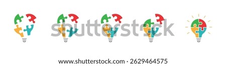 Set of light bulb puzzle icons. Lamp symbol with jigsaw inside. Business concept, idea, strategy. Four puzzle pieces with light bulbs. Vector illustration.