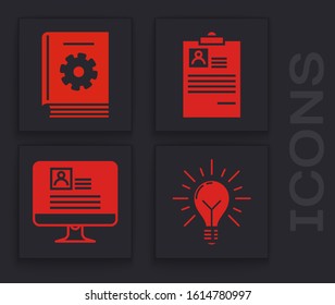 Set Light bulb with rays shine and concept of idea, User manual, Clipboard with resume and Computer monitor with resume icon. Vector