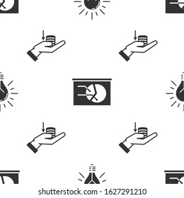 Set Light bulb with rays shine and concept of idea, Board with graph chart and Money on hand on seamless pattern. Vector