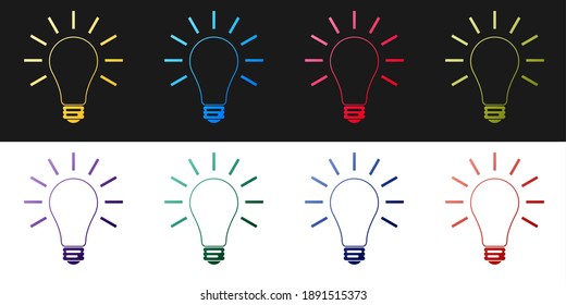 Set Light bulb with rays shine icon isolated on black and white background. Energy and idea symbol. Lamp electric. Vector.