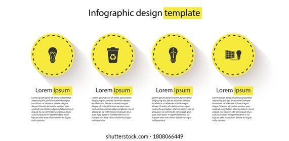 Ponga bombilla ligera, papelera de reciclaje con reciclador, turbina eólica y panel de energía solar y luz. Plantilla de infografía de negocios. Vector.