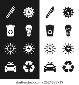 Set Light bulb, Recycle bin with recycle, Pen, Solar energy panel, symbol and Eco car concept drive icon. Vector