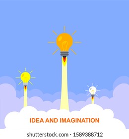 Set of light bulb rocket launches. Trendy flat vector light bulb icon with a blue background.
