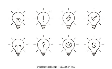 A set of light bulb shape line icons in a simple style. Light bulb means energy, light, thought, idea.
