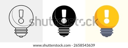 Set of light bulb is shining icon collection. Exclamation mark showing symbol.