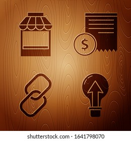 Set Light bulb, Shopping building or market store, Chain link and Paper check and financial check on wooden background. Vector